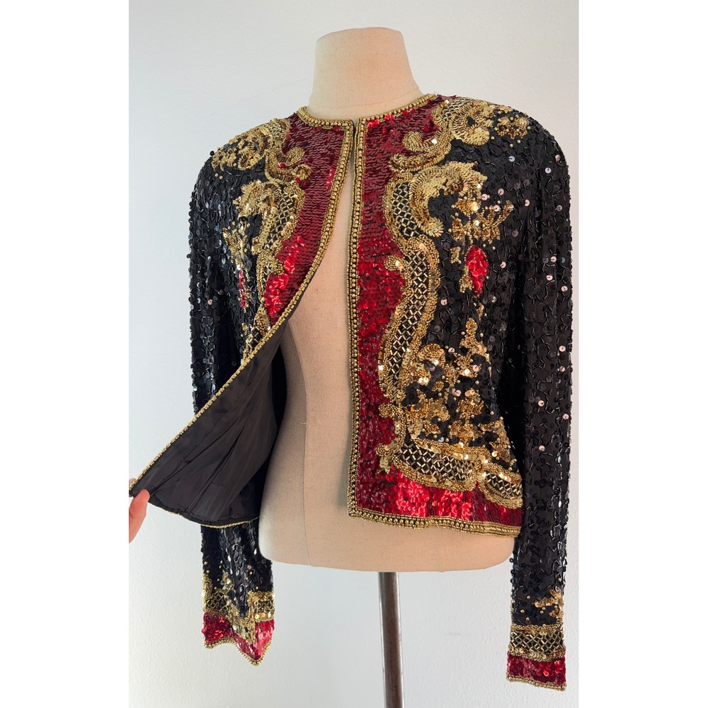 Vintage Oleg Cassini Black Tie Sequin Beaded Silk Blazer Jacket Black Gold Red - Picture 4 of 11